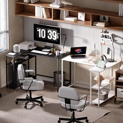 Pamray 43 Inch L Shaped Computer Desk with Reversible Side Storage Shelves, Small Corner Desk for Small Space Home Office,Writing Study Table PC Desk for Bedroom,White thumbnail 4