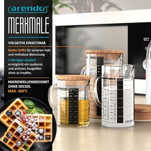 Arendo - Messbecher Set aus Glas - Größen 350ml, 500ml, 1000ml (0,35l 0,5l 1l) – Messkrug Glas Krug – Borosilikatglas – präzise Skala – hitzebeständig – Glasbehälter mit Bambusdeckel - Silikondichtung thumbnail 5
