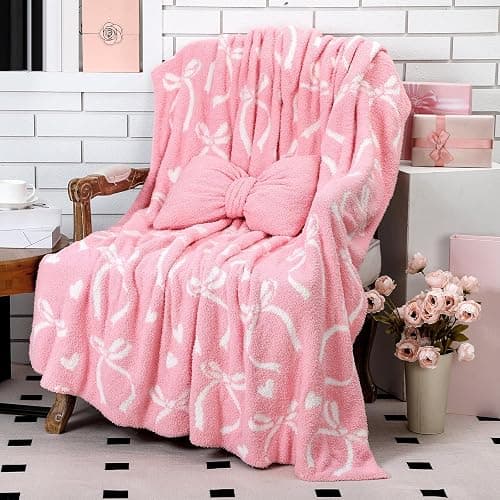 Hillsuren Valentine's Day Pink Bow Throw Blanket and Pillow Set Include Coquette Blanket 50 x 60 Inch and Pink Bow Plush Throw Pillows Cushion for Girls Women Gift Couch Sofa Bed Nursery Preppy Room thumbnail 6