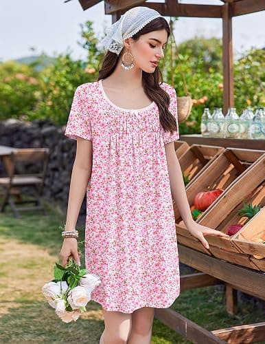 Ekouaer Nightgowns for Women Pleated Sleep Shirts Short Sleeve Night Shirts Lace Trim Night Gown Ladies Sleep Dress thumbnail 4