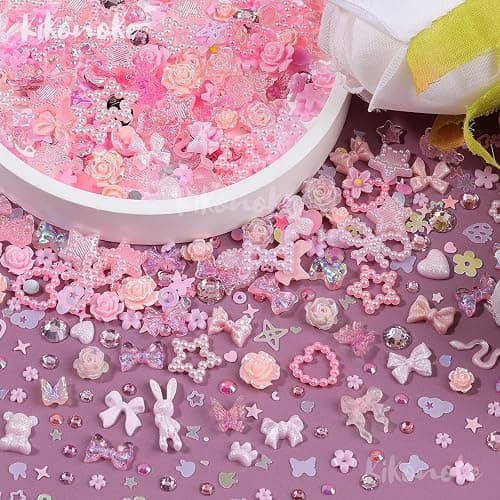 400Pcs Pink Nail Charms Kit, 3D Nail Gems and Rhinestones Flatback Pearls Mixed Shape Set, Heart Rabbit Butterfly Flower Bow Acrylic Resin Nail Art Decorations DIY Craft (Pink) thumbnail 2