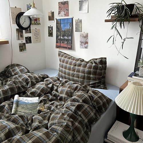 MKXI Buffalo Plaid Duvet Cover Twin XL - 3 Piece Washed Cotton Bedding Set, Blue Brown Green Vintage Aesthetic, Soft Breathable with Zipper Closure thumbnail 4