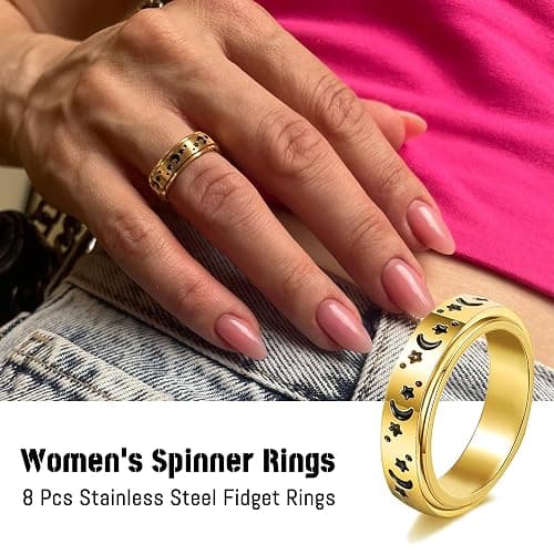 FEYIR 8 Pcs Fidget Rings for Women Anxiety Spinner Stainless Steel CZ Band Ring Spinning Rings Set for Anxiety thumbnail 2