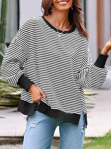 Fisoew Women's Fall Oversized Sweatshirt Casual Waffle Knit Long Sleeve Crewneck Split Pullover Tunic Tops thumbnail 6