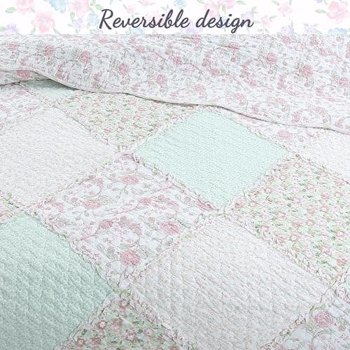 Cozy Line Home Fashions 100% Cotton Real Patchwork Floral Pink Rose Shabby Chic Girly Reversible Quilt Bedding Set, Coverlet Bedspread (La Rosa Rêve, Twin - 2 Piece) thumbnail 5