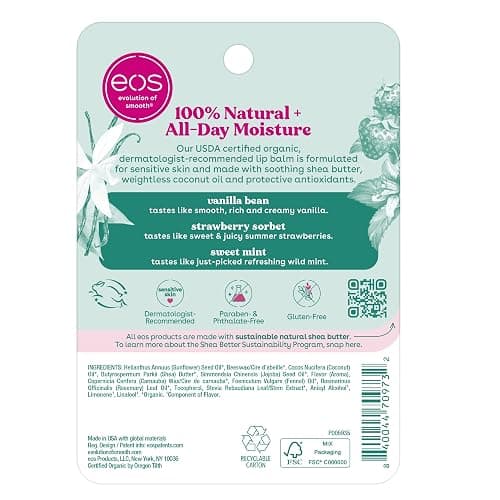 eos 100% Natural & Organic Lip Balm Trio- Vanilla Bean, Sweet Mint, & Strawberry Sorbet, Made for Sensitive Skin, Lip Care Products, 0.14 oz, 3-Pack thumbnail 7
