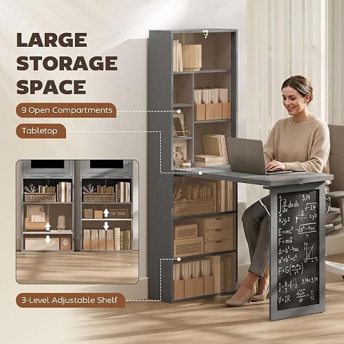 HOMCOM Fold-Out Convertible Writing Table, Computer Desk with Blackboard and Side Shelf Multi-Function Home Office Workstation, Charcoal Gray thumbnail 5