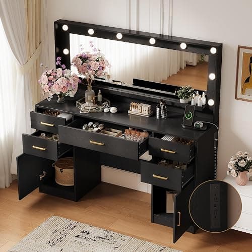 TOKSOM 44.8" Large Vanity Desk with Lighted Mirror & Power Outlet, Black Makeup Vanity Desk with Mirror and Lights, Black Vanity Table with 5 Drawers and 2 Cabinets, Dressing Table for Bedroom thumbnail 3