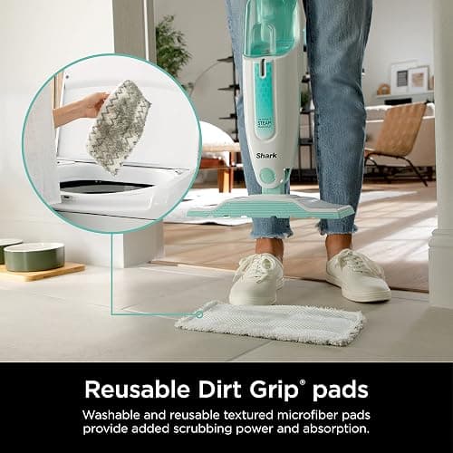 Shark Steam Mop with 2 Machine Washable Dirt Grip Pads, Removable Water Tank, Lightweight, Steam Cleaner for sealed Hard Floors, Marble, Stone, Hardwood, Tile, Laminate, White/Seafoam, S1000 thumbnail 6