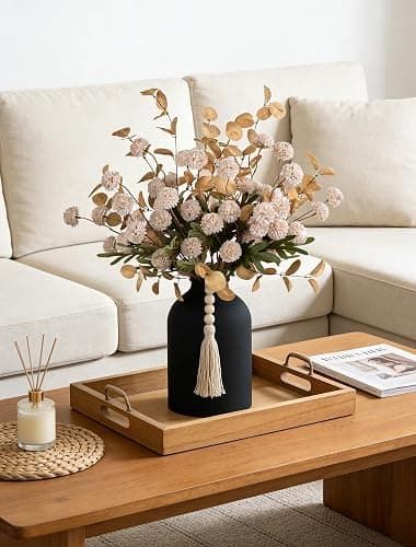 BLOSMON Dining Table Centerpiece Decor: Metal Vase with 12 Stems of Fake Mums Kiku Flower Eucalyptuses for Home - Beige Artificial Pom Poms Faux Floral Arrangements in Vase for Living Room thumbnail 8