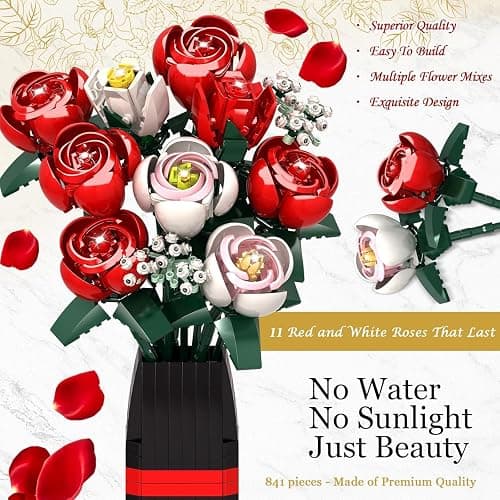 Roses Flower Bouquet Building Kit, 841PCS Red Roses Artificial Flowers with Vase, Botanical Collection Forever Rose Toy for Adults, Kids, DIY Gifts for Women, Her, Him Anniversaries thumbnail 3
