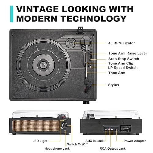Vinyl Record Player with Speakers Vintage Turntable for Vinyls Records Belt-Driven Turn Table Support 3-Speed, Wireless Playback, Headphone, AUX-in, RCA Line LP Phonograph for Sound Enjoyment Black thumbnail 7