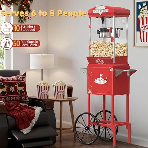 HUGROVE 10oz Popcorn Machine with Cart, 480W Vintage Popcorn Maker for Home Cinema, Professional Stainless Steel Kettle, One-Touch Operation Popper for Game Day (Light Red) (Light Red) thumbnail 4