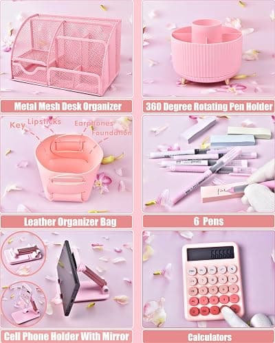 LXEVIHK 21Pcs Pink Desk Organizers and Accessories With Mesh Desk Organizer and 360°Rotating Pen Holder and a Lot of Office Pink Office Supplies Beautifully Presented in a Gift Box thumbnail 5