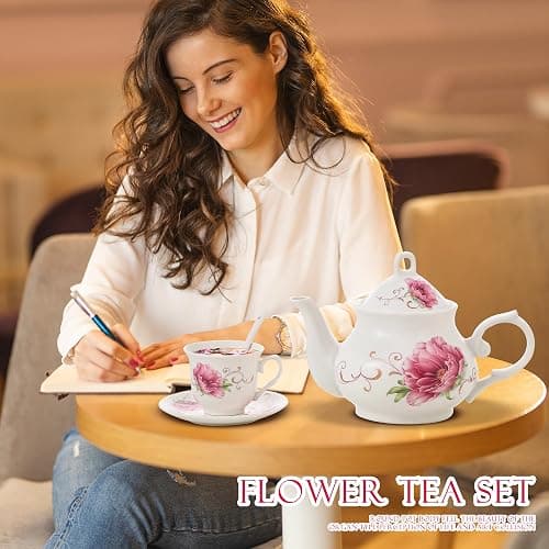 20-Pieces Tea Set For Adult with Golden Metal Rack,Porcelain Tea Sets For Women,Tea Gift Sets for Home&Party(015) thumbnail 2