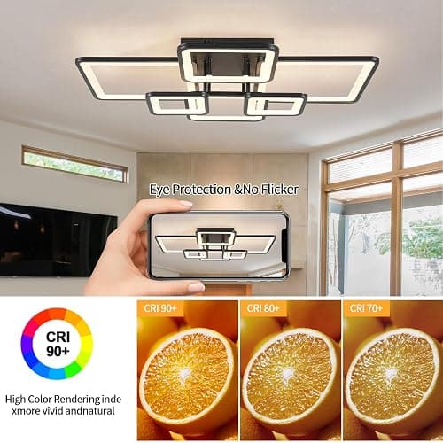 Shine LUEST Modern LED Ceiling Light Fixture Black Kitchen Lighting Fixtures Ceiling for Bedroom 31.5" Dimmable 6 Ring Square Ceiling Light for Kitchen with Remote Control for Living Room,Dining Room thumbnail 6