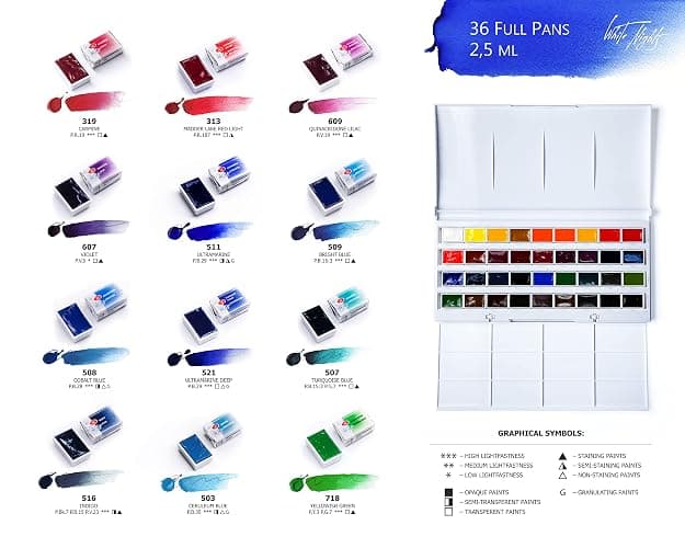 White Nights russische Künstler-Aquarellfarben im Set, 36 Farben in ganzen Näpfchen im Kunststoffkasten, hohe Brillanz und Leuchtkraft thumbnail 4
