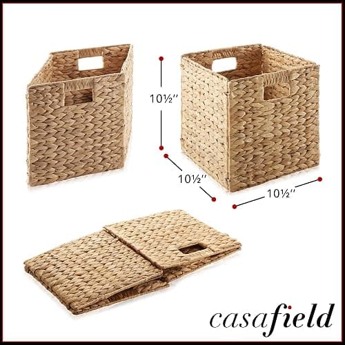 Casafield 10.5" x 10.5" Water Hyacinth Storage Baskets, Natural - Set of 2 Collapsible Cube Organizers, Woven Bins for Bathroom, Bedroom, Laundry, Pantry, Shelves - 2-Pack - Natural thumbnail 3