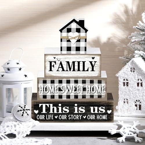 Cinnvoice 4 Pcs Farmhouse Table Decorations Rustic Home Sweet Tiered Tray Decor This Is Us Centerpiece Farmhouse Family Blesseheart House Block Sign Gift for Kitchen Shelf Office Indoor(Buffalo Plaid) thumbnail 6