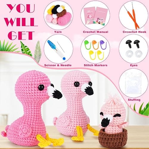 Crochet Kit for Beginners -Flamingo Family Crochet Kits with Step-by-Step Video Tutorials, Beginner Crochet Kit for Adults, Crochet Animal Kit for Kids, 3PCS Flamingo Crocheting Set(Pink) thumbnail 7