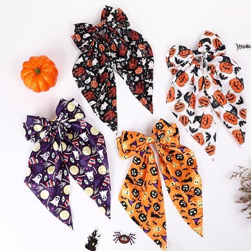 Halloween Silky Satin Hair Bows for Women,Big Ribbon Bow Hair Clips for Girls, Oversized Long Tail Hair Barrettes Cute Hair Accessories (Halloween purple) thumbnail 4