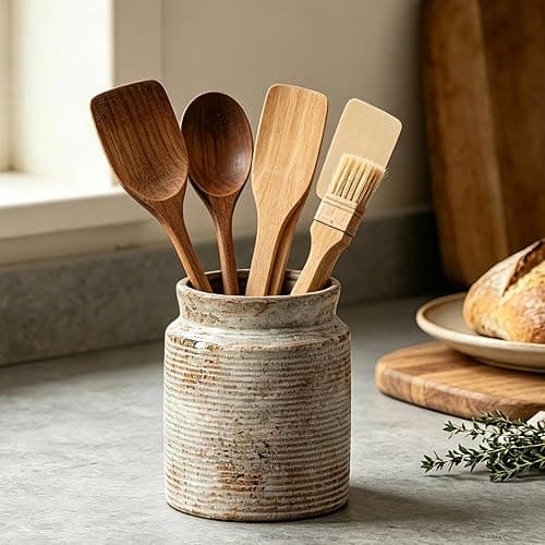 Rustic Utensil Holder for Kitchen Countertop - 6.5 inch Ceramic Utensil Crock Farmhouse Cooking Utensil Organizer for Spatula, Spoon (S-Rustic) thumbnail 2