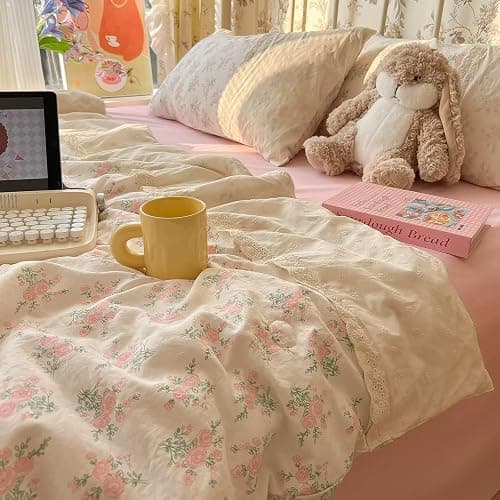 mixinni Vintage Floral Duvet Cover Set - 3 Piece King Size Pink Cottagecore Bedding with Lace Trim, Shabby Chic Bedding Set, Includes 1 Duvet Cover & 2 Pillowcases, Boho Aesthetic for Girls & Dorms - Image 1