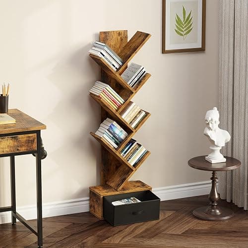 Rolanstar 7 Tier Bookshelf with Drawer, Tree Bookshelf, Small Bookshelves with Storage Rack for CDs/Movies/Books, Standing Book Shelf, Tall Narrow Bookcase for Living Room, Bedroom, Rustic Brown thumbnail 2