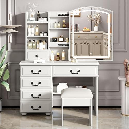 Runboll Makeup Vanity Desk with Mirror and Lights, Dressing Table Set with Stool, Makeup Table with 6 Drawers and Shelves Storage, 3 Lighting Modes, Brightness Adjustable thumbnail 3