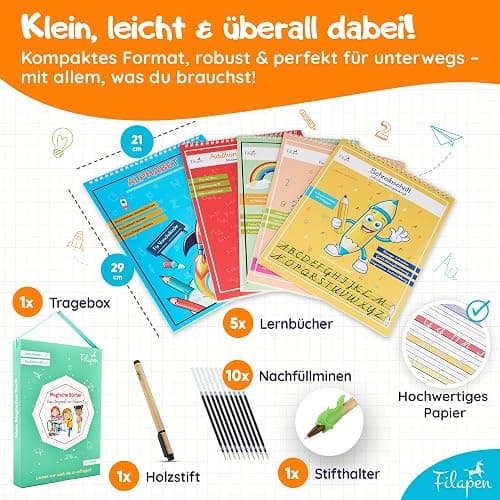 Filapen® Magische Vorschulhefte ab 4 Jahren – 5 Übungshefte + Stift (wiederverwendbar) – Schreiben & Rechnen lernen, Buchstaben & Zahlen üben – Für Linkshänder und Rechtshänder thumbnail 6