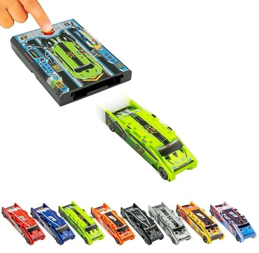 FLAT 2 FAST Original Stunt Card Racer – Flat Car Racer and Pocket Size Racecar Launcher with Built-in Button for Stunt Launching and Racing – Compact – Neon Green - Image 1
