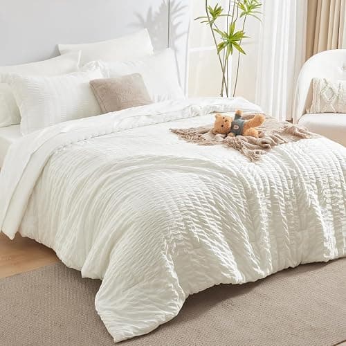 CozyLux Full Size Comforter Sets with Sheets Seersucker 7 Pieces Ivory Bed in a Bag Textured Luxury Soft Bedding Set with Down Alternative Comforter, Sheets, Pillowcases & Shams for All Seasons thumbnail 8