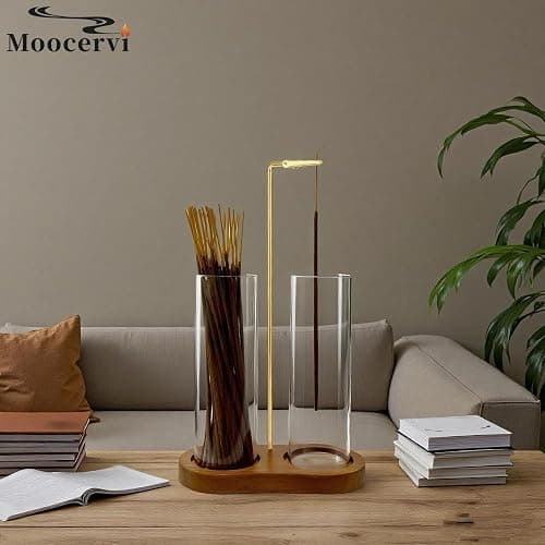 Moocervi Glass Incense Holder,2 in 1 Incense Sticks Burner Holder with Storage,Hang Upside Down Incense Holder for Sticks with Glass Ash Catcher for Meditation Yoga Spa Room Decor (Brown) thumbnail 2