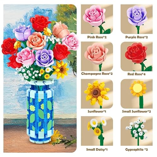 CUBIMANA Roses Flowers Building Set with Vase & LED Light, Mother's Day 16 Mini Flowers Bouquet Botanical Building Blocks Toy, Birthday Gifts for Adults, Artificial Flowers for Home Decor & Display thumbnail 7