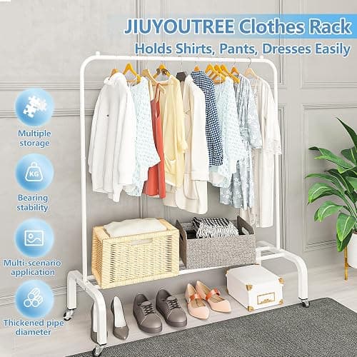 JIUYOTREE Metal Clothing Rack with Wheels, 43.3 Inches Rolling Clothes Garment Coat Rack with Bottom Shelf, Clothing Rack for Hanging Clothes, Coats, Skirts, Shirts, Sweaters, White - White - with wheel thumbnail 3