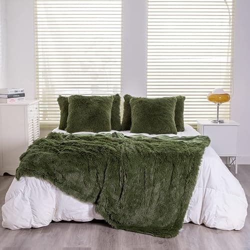 YUSOKI Twin Size Faux Fur Throw Blanket(Olive Green,60" x 80"),Whithout Pillows,Winter Lightweight Plush Fuzzy Soft Cozy Microfiber Comfy Bed Blanket for Women Kids Girls Couch Sofa Washable - Image 1