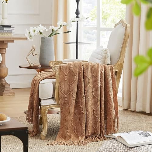 KASYLAN Diamond Knitted Throw Blanket Textured Solid Soft Sofa Throw Couch Knitted Decorative Blanket（Almond，50x60 inches） - Image 1