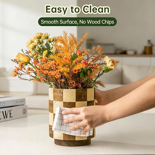 Fyctio Wooden Utensil Holder, 360° Rotating Acacia Wood Kitchen Utensil Holder for Countertop, 7.2" Non-Slip Large Utensil Holder for Kitchen, Farmhouse Countertop Decor, Spatula Holders, Checkered thumbnail 2