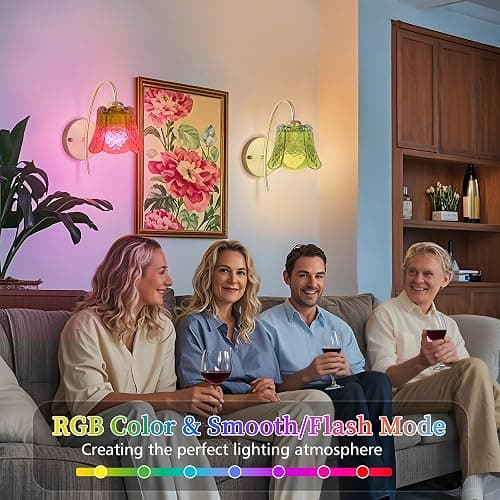FFVU Wireless Wall Sconce with Flower lampshade, Battery Operated Wall Lights,Wall lamp with 15 Colors for Bedroom Living Room Home Decor (Green Flower,2 Light Battery Operated) thumbnail 6