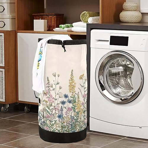 Flower Leaves Beige Laundry Bag Backpack Dirty Clothes Organizer With Strap and Handles Washable for College Travel Camp Dorm Essentials thumbnail 7