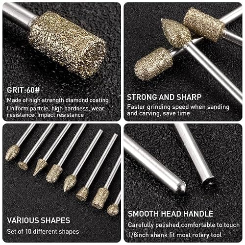Diamond Grinding Burr Bit Set，20Pcs Rotary Tool Accessories Stone Carving Set with 1/8 inch Shank for Stone Ceramic Glass Carving, Grinding, Polishing, Engraving, Sanding thumbnail 3