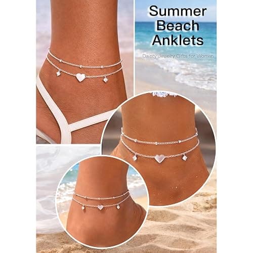 Gold/Sterling Silver Anklet Bracelets for Women Waterproof, Non Tarnish 925 Sterling Sliver Plated Heart Evileye Butterfly Charm, Dainty Summer Beach Anklets for Women, Beach Vacation Bikini Outfits for Her Mom thumbnail 4