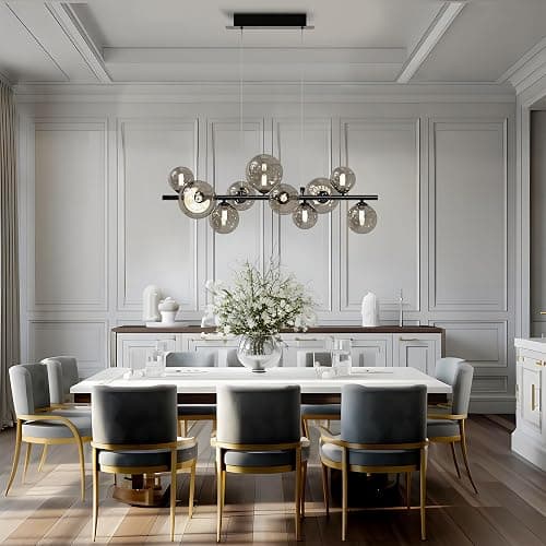 Modern Chrome Linear Chandelier Pendant Light 10-Lights Sputnik Chandelier Glass Pendant Lighting Mid Century Globe Dining Light Fixture for Living Room Kitchen Island, Height Adjustable - Image 1