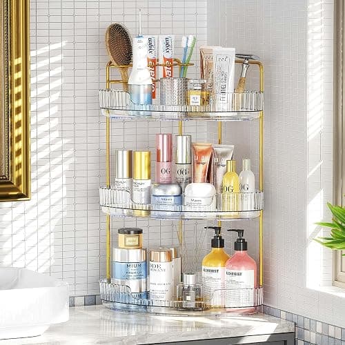 EUHOME 3-Tier Corner Bathroom Counter Organizer Makeup Cosmetic Storage, Tool-Free Installation Acrylic Vanity Shelf, Countertop Storage Organizers Perfume Tray for Bathroom, Dresser, Kitchen (Clear) - Clear - 9" x 9" x 20.5" thumbnail 7