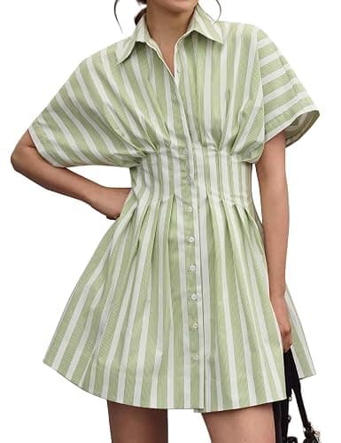 Ceputer Summer Button Down Shirt Dress for Women Short Sleeve Pleated Mini Dresses Causal A Line Flowy Corset Short Dress - Image 1