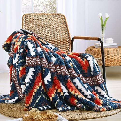 CASAAGUSTO Boho Sherpa Blanket, Aztec Twin Blanket, Ultra Soft, Warm, Cozy, Plush, Thick Fleece Western Blanket for Couch, Bed, Sofa (Navy Blue 60 * 80 Inch) thumbnail 5