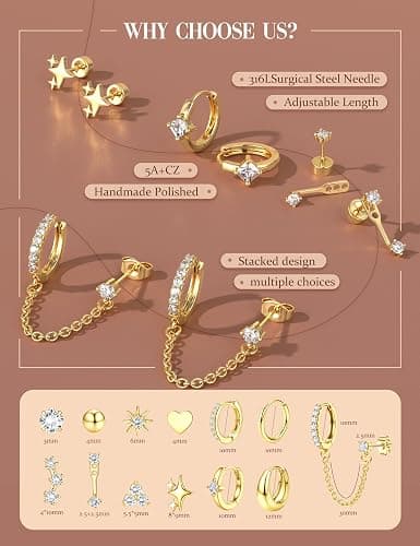 Florideco Flat Back Earrings Hypoallergenic Surgical Steel Earrings for Women Trendy Cartilage Chain Hoop Earring Studs 14K Gold Plated Star Heart CZ Flatback Stud Earring Sets for Multiple Piercing thumbnail 5
