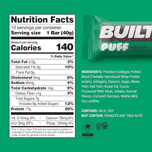 BUILT Bar Puff Protein Bars - Mint Chip - 17g Protein Snack Bars with Collagen - Calorie Conscious & Gluten Free - 12 Count thumbnail 2