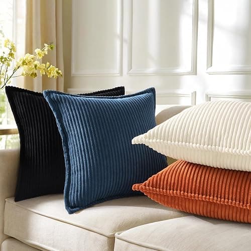 decorUhome Fall Corduroy Black Throw Pillow Covers 24x24 Set of 2 | Euro Sham Couch Decorative Soft Modern Boho Farmhouse Pillow Covers Broadside Striped Pillow Cases for Living Room Bed Sofa thumbnail 4