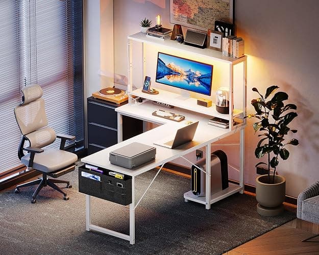 AODK L Shaped Desk Gaming Desk with LED Light & Power Outlet, 53 Inch Reversible L Shaped Computer Table with Shelf, Corner Desk with Storage Bag&Hook for Home Office Desk, White thumbnail 7